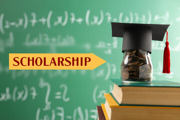 Scholarship. Glass jar with coins, graduate hat and books against green chalkboard