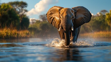 Majestic african elephant wading through serene river water at golden hour in botswana africa safari adventure wildlife photography