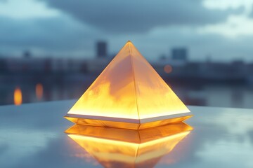 Premium products highlighted on a floating illuminated pyramid with reflective surface.