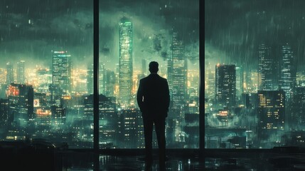 Fototapeta premium A businessman looking out from his office window, admiring the horizon filled with modern high-rise buildings