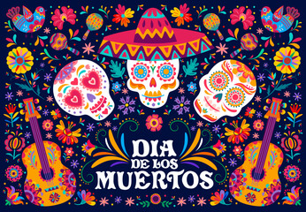 Dia De Los Muertos mexican calavera skulls, guitars and tropical flowers on Day of the Dead holiday banner. Vector sugar skulls in sombrero, guitars, maracas and alebrije birds with floral ornaments