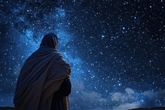 humble abraham beneath a vast starry sky, flowing robes, soft indigo night, twinkling silver stars, and a reverent, faithful stillness.