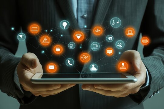 A businessman using a tablet with a digital interface showing real-time social media analytics.