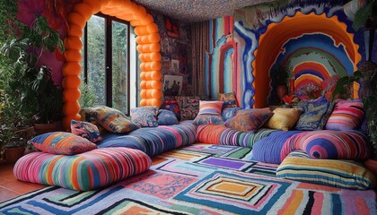 Vibrant Maximalist Home Interior Colorful Living Room with Eclectic Patterns Bold Decor