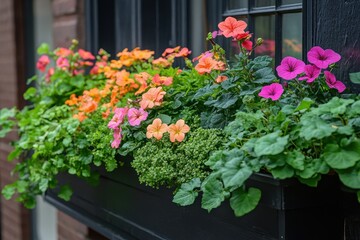 Vibrant window box overflowing with orange, pink, and magenta flowers. Perfect for spring, summer, or home d&eacute;cor themes.