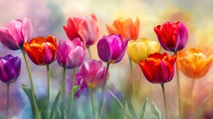 Colorful Tulips in Watercolor Style