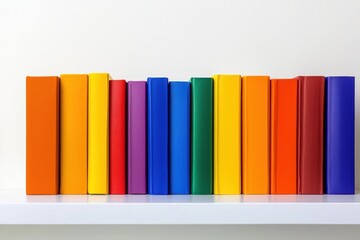 Vivid rainbow books collection on white shelf modern minimal library concept reading literature creative colorful