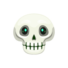 Cartoon Halloween skull emoji, isolated vector eerie dead head emoticon. Whitish-gray human cranium with green glow inside of large, black eye sockets, represents death, humor or danger