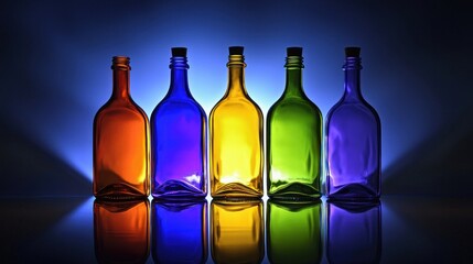 Vibrant spectrum of colorful glass bottles reflecting on glossy surface against a gradient blue background in studio setting