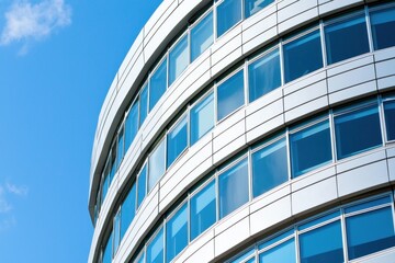 Contemporary Facade of Modern Office Building with Blue Windows and Sky Capturing Urban Architecture Style