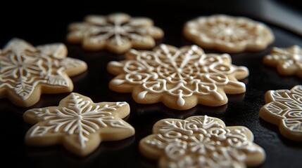 Decorated Sugar Cookies in the Shape of Snowflakes on Black Surface