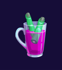 Halloween cocktail or holiday party drink cup with fingers ice of dead zombie, cartoon vector. Halloween cocktail drink, soda lemonade or tea with purple potion and green fingers in cup for bar menu
