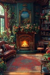 Obraz premium Opulent Maximalism Living Room with Fireplace and Lush Floral Decor