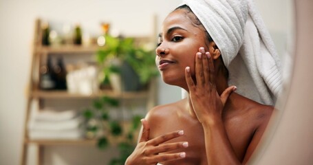 Cosmetics, girl and check face in mirror for hydration treatment results, natural beauty and skincare. Reflection, person and happy with morning routine inspection for grooming and skin glow in home