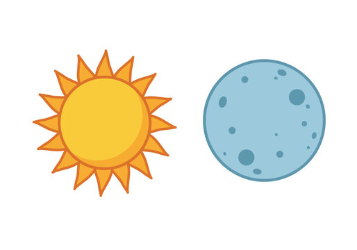 Sun And Moon Clip Art. The Image Shows A Bright Yellow Sun With Orange Rays On The Left And A Blue Moon With Craters On The Right. Vector Illustration Design.