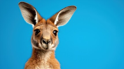 Close up portrait of a curious kangaroo against a vibrant blue background showcasing its distinctive features and captivating gaze animal