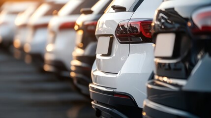 Obraz premium A lineup of vehicles for sale, showcasing simplicity and clarity in presentation. 