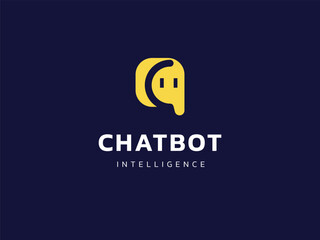 Chat Bot Artificial Intelligence Technology with overlapping Friendly Robot Face in chat box logo vector design concept. Robot Virtual Assistance logotype symbol for AI Technology, online support, ui.