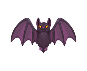 Cartoon Halloween bat emoji character. Isolated vector cute vampire animal emoticon with pointy ears, wings and glowing eyes, showcasing its playful and spooky vibe for the holiday season celebration