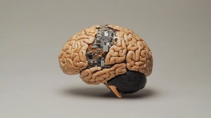 Conceptual AI Neural Network Brain Image Showing Human Brain Interface with Computer Circuit Board Technology