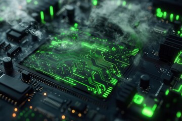 Fototapeta premium intricate circuit board with neon green traces weaving through a matte black surface, faint smoke rising, macro view, symbolizing tech evolution, vibrant and detailed.