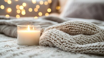 Cozy Atmosphere with Candlelight and Knitted Blanket Warmth Capturing Serene Indoor Scene in Soft Focus and Warm Bokeh Lights for Relaxation and Comfort
