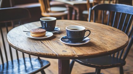 Cozy cafe scene featuring two cups of coffee and a pastry on a rustic wooden table with chairs in soft light