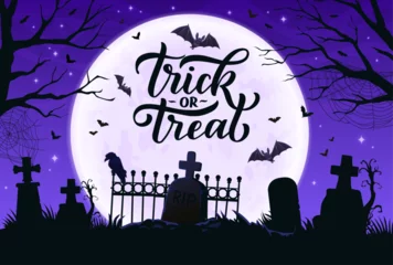 Fototapeten Lila Halloween trick or treat banner with cemetery silhouette and tombstones, vector background. Halloween holiday greeting card with creepy ravens, bats and midnight moon on cemetery graveyard  © Vector Tradition