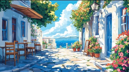 Charming Streets of a Greek Island with Vibrant Flowers