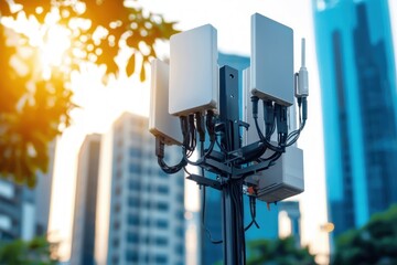 Cellular antenna technology at urban setting against skyscape representing mobile network and communication infrastructure future of data transmission