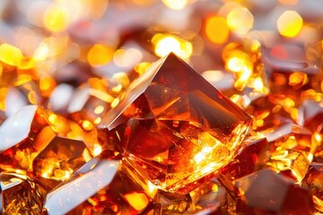 Luminous amber gemstone with pyramid cut sparkling facets set against a blurry amber gem background artistic