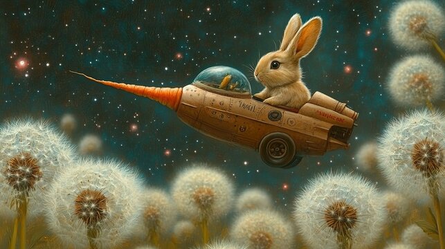 A bunny drives a rocket with a carrot nose - Powered by Adobe
