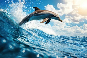 Fototapeta premium Captivating dolphin leaps from ocean wave against sunny sky creating dynamic splash and joyful marine wildlife scene with vibrant colors and natural light