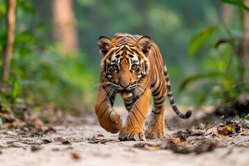 Fototapeta premium Captivating tiger cub walking through the lush green forest with intense gaze and playful energy in natural light