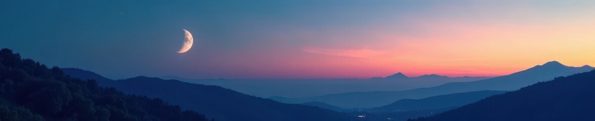 Crescent moon hangs delicately above distant hills, soft light, celestial event, night sky