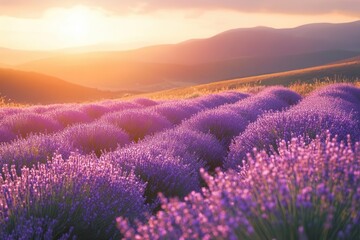 Obraz premium lavender field at sunset, purple blooms swaying in gentle breeze, golden light creating soft gradient across rolling hills