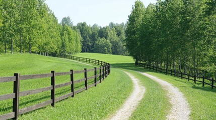 Obraz premium Countryside Path with Wooden Fence, Calm Rural Scene, Peaceful Landscape, Scenic Nature, Ideal for Backgrounds