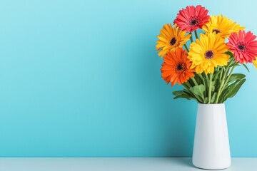 Fototapeta premium Cheerful bouquet of colorful gerbera daisies in a white vase against light turquoise backdrop studio shot