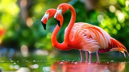 Obraz premium Graceful flamingos wading in tranquil water with vibrant plumage and blurred green background creating a serene and captivating nature scene