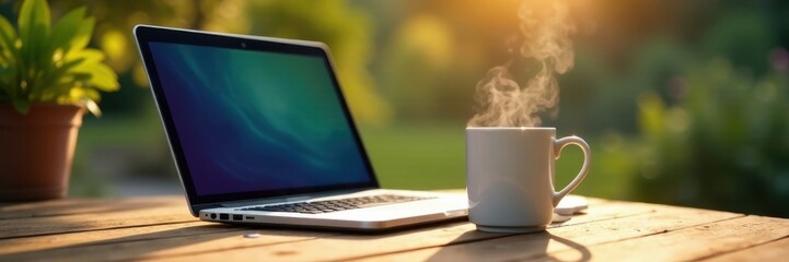 Laptop, steaming coffee mug, outdoor workspace, digital nomad, relaxing