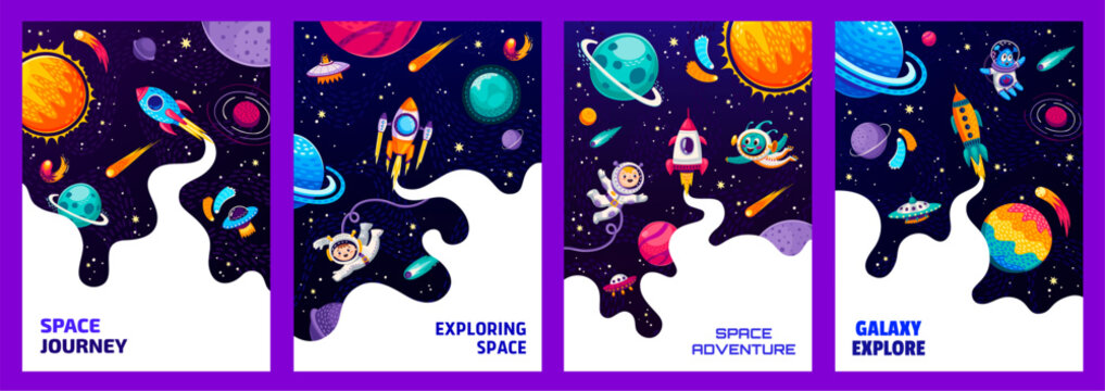 Space posters and flyers, cartoon astronauts, aliens, galaxy landscape, ufo, spaceship and space stars, vector background. Kid spaceman in galaxy world with aliens and rockets in galactic sky planets