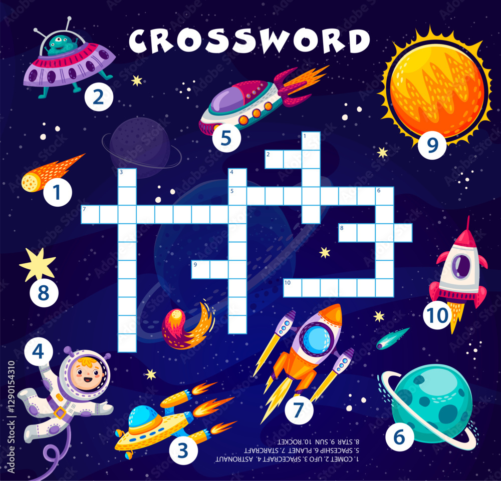 Poster Crossword quiz game with space planets and characters. Vector word grid puzzle with cartoon astronaut and alien personages, UFO, spaceship, rocket, stars, comet and Sun, galaxy landscape background