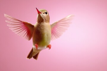 Obraz premium Hummingbird in Flight on Pink Backdrop Delicate Wings and Vibrant Plumage Capturing the Essence of Nature and Freedom