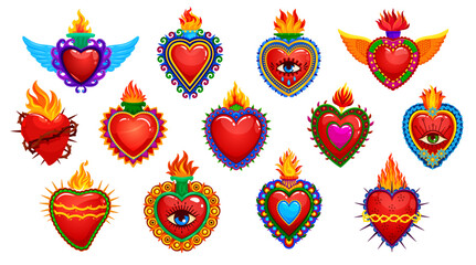 Mexican sacred hearts tattoos and symbols with fire and eyes. Vector catholic Jesus hearts or Mexico corazons with flaming crowns, wings, flowers and ethnic ornaments. Mexican religious tattoos set