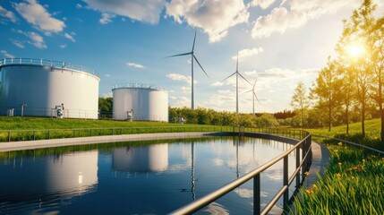Obraz premium Serene Landscape Featuring Wind Turbines and Water Tanks Reflecting in a Pond Under a Bright Blue Sky Showcasing Sustainable Energy and Industrial Harmony