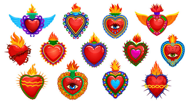 Mexican sacred hearts tattoos and symbols with fire and eyes. Vector catholic Jesus hearts or Mexico corazons with flaming crowns, wings, flowers and ethnic ornaments. Mexican religious tattoos set