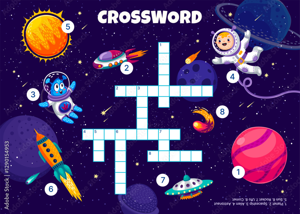 Aufkleber crossword quiz game grid, galaxy space vector worksheet with kids puzzle or word maze. cartoon astro