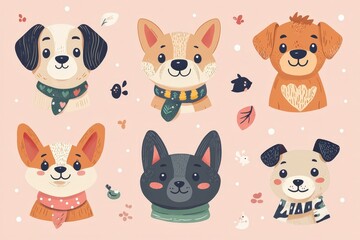 Obraz premium Cute Cartoon Dogs with Scarves and Playful Expressions on Pink Background