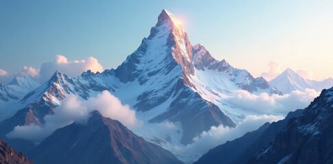 Clouds part revealing Pyramid Mountain's peak, mountain, snow, serene