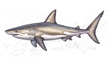 Obraz premium Detailed Gray Shark Illustration Swimming on White Background